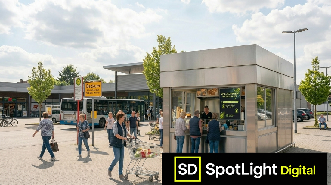 Ein lebhafter Platz in Beckum mit einem modernen Edelstahl-Imbisswagen. Ein digitales Werbedisplay zeigt: "Willkommen in Beckum! Spotlight ist live!" Kunden stehen davor, eine Frau mit Einkaufswagen geht vorbei.