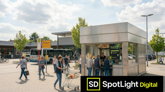 Ein lebhafter Platz in Beckum mit einem modernen Edelstahl-Imbisswagen. Ein digitales Werbedisplay zeigt: "Willkommen in Beckum! Spotlight ist live!" Kunden stehen davor, eine Frau mit Einkaufswagen geht vorbei.